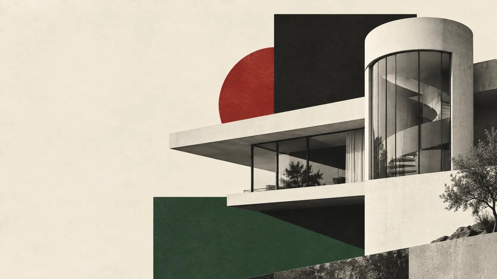 Grafische Bauhaus-Villa in Creme, Dunkelgrün, Schwarz und Rot