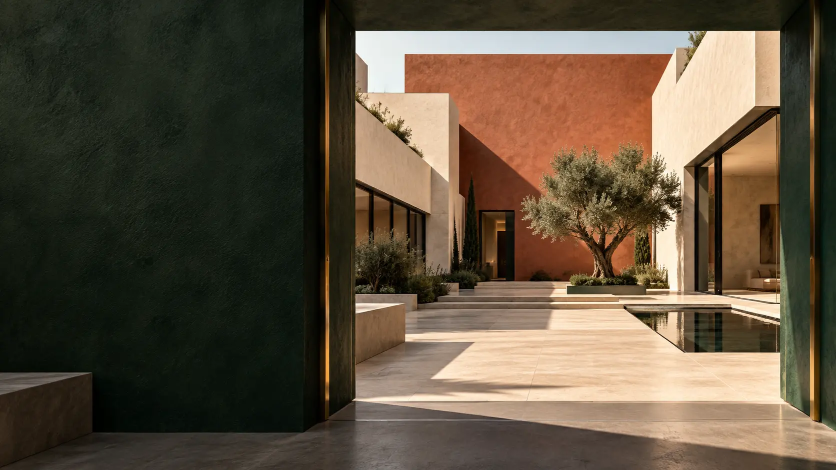 Moderner, sonniger Innenhof mit klarer Architektur und mediterraner Bepflanzung